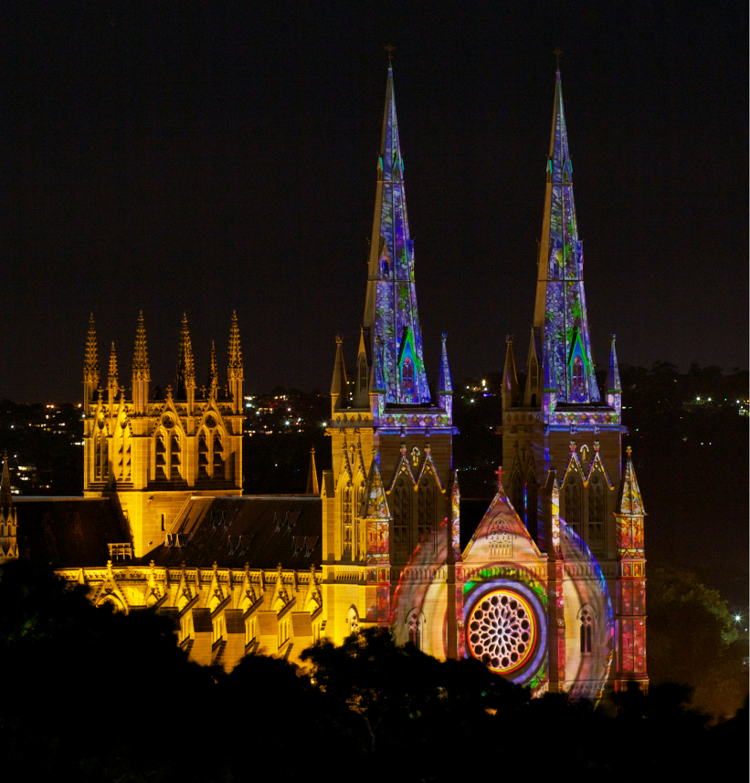 church lit up with outside visuals